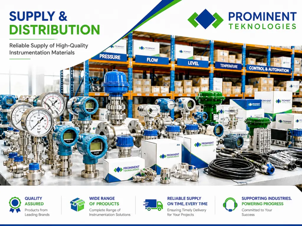 Industrial process instrumentation products including pressure, flow, level, temperature transmitters, gauges, control valves and automation solutions by Prominent Teknologies.