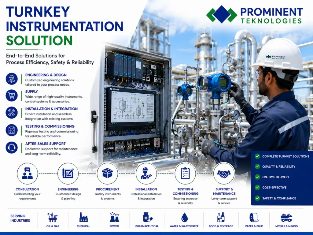 Turnkey process instrumentation and industrial automation solutions including engineering, installation, calibration, PLC, SCADA and commissioning by Prominent Teknologies.
