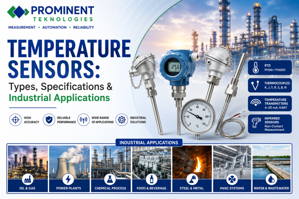 Temperature Sensors Types, Specifications and Industrial Applications including RTD, Thermocouples, Temperature Transmitters and Infrared Temperature Sensors for industrial automation by Prominent Teknologies.